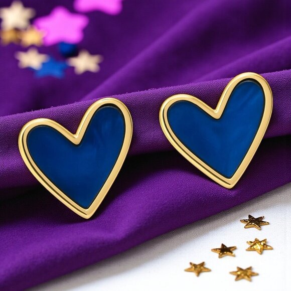 Royal Blue Enamel Heart Stud Earrings Gold Tone Statement Cute Gift for Girls - Picture 1 of 12